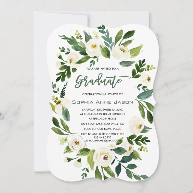 Invitación Graduación de escritura a mano de Wreath floral Ch (Anverso)