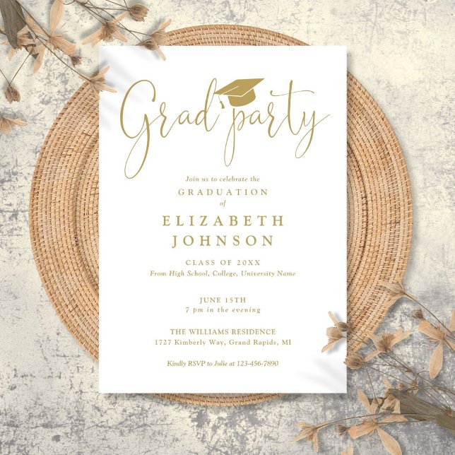 Invitación Graduación de escritura elegante y moderna de Fies (Modern Elegant Gold Grad Party Script Graduation Invitation)