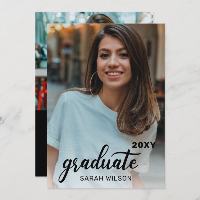 Invitación Graduación de escritura negra moderna de dos fotos (Anverso / Reverso)
