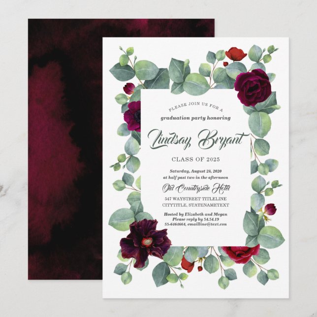 Invitación Graduación de Eucalyptus Greenery Burgundy Floral (Anverso / Reverso)