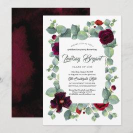 Invitación Graduación de Eucalyptus Greenery Burgundy Floral