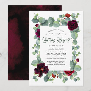 Invitación Graduación de Eucalyptus Greenery Burgundy Floral