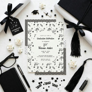 Invitación Graduación de fiesta con garabatos en blanco y neg