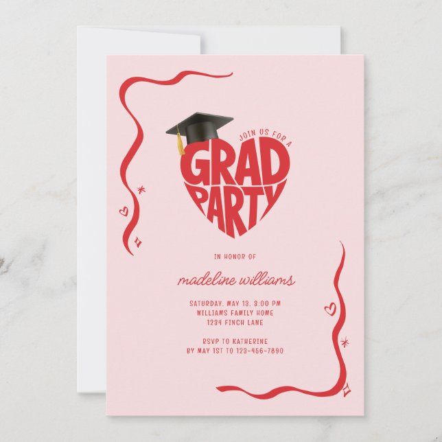 Invitación Graduación de Fiesta de Whimsical Heart Grad (Anverso)