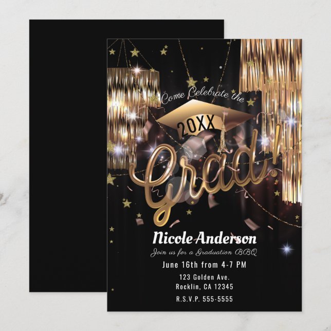 Invitación Graduación de Fiesta del Grado Golden Glam Moderno (Anverso / Reverso)