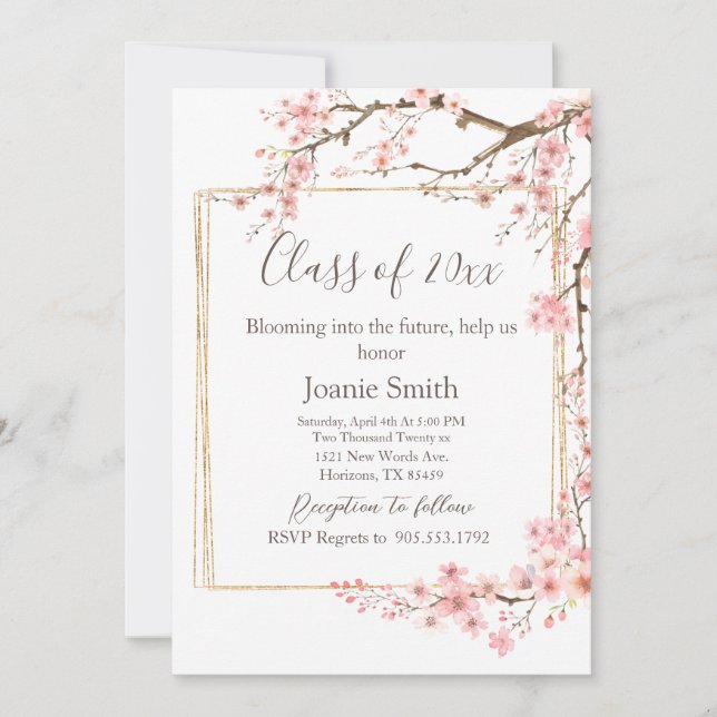 Invitación Graduación de Flor de Cerezo Rosa Suave (Anverso)