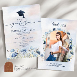 Invitación Graduación de Flor Silvestre Azul Polvoriento Con