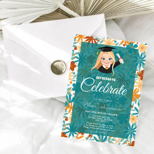 Invitación Graduación de Flor Silvestre de Acero Natural Blue