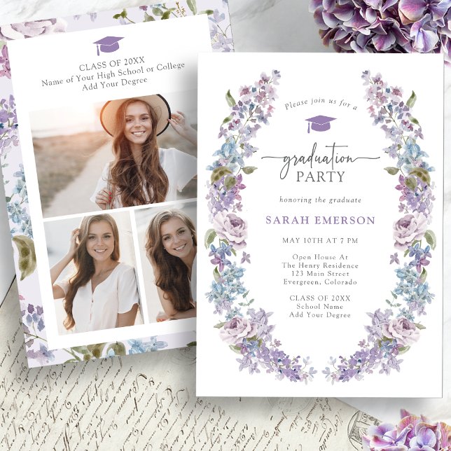 Invitación Graduación de flor silvestre de primavera (Spring Wildflower Graduation Invitation Pictures on back by Painted Paperie
)