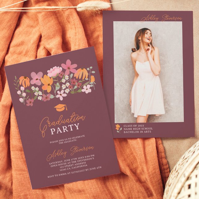 Invitación Graduación de flor silvestre naranja cute boho mea (Subido por el creador)