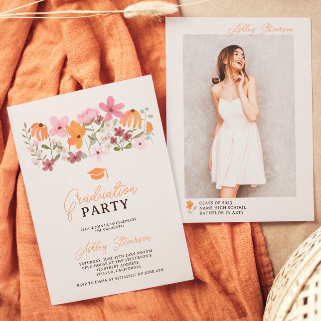 Invitación Graduación de flor silvestre naranja cute boho mea (Subido por el creador)