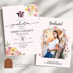 Invitación Graduación De Flor Silvestre Rosa De Rubor Con Fot