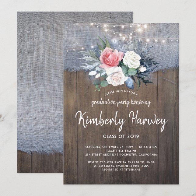 Invitación Graduación de Floral Azul Dusty Rural Rústica 2019 (Anverso / Reverso)