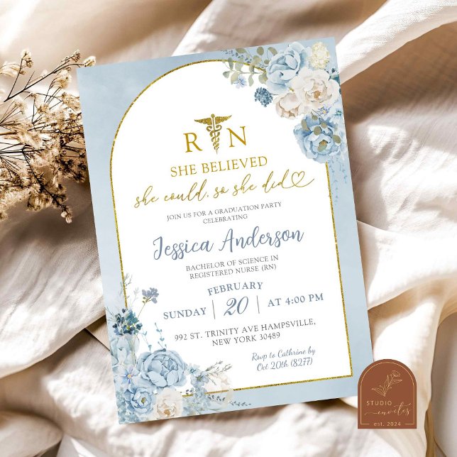 Invitación Graduación de floral azul turquesa de enfermera (Subido por el creador)