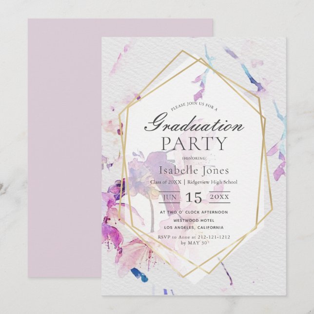 Invitación Graduación de Floral de acuarela de Lilac Dusto (Anverso / Reverso)