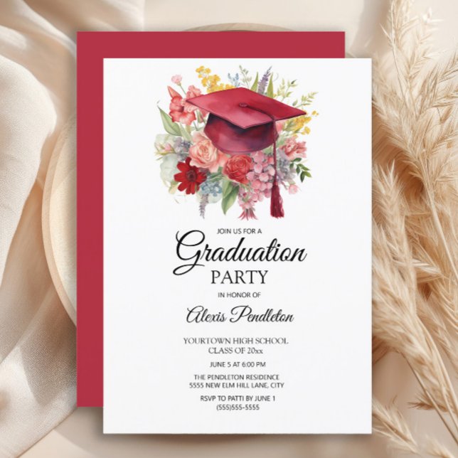 Invitación Graduación de floral rosa del tapón rojo de gradua (Red graduation cap party invitation)