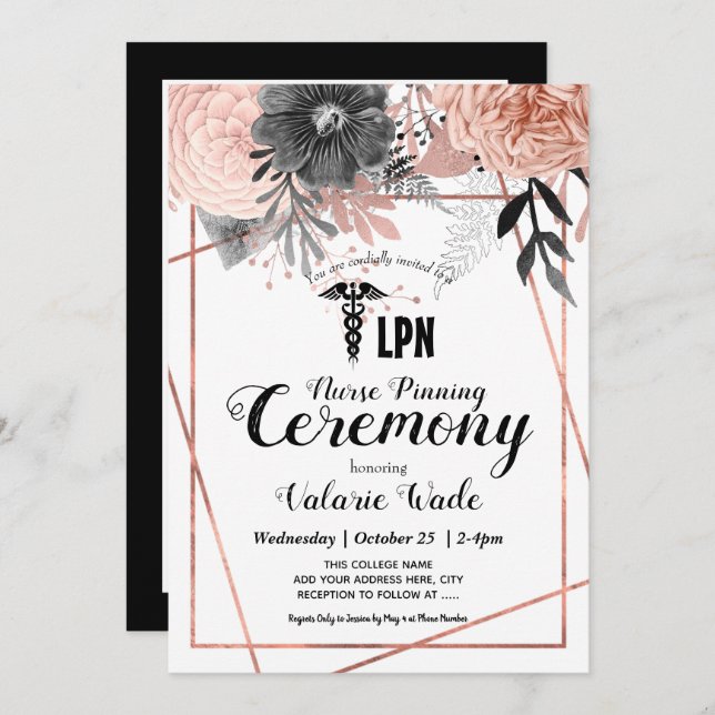 Invitación Graduación de Floral Rosa LPN Ceremonia de posolog (Anverso / Reverso)