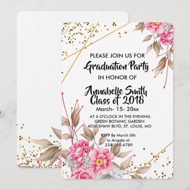 Invitación Graduación de floral rosada geométrica de marco do (Anverso / Reverso)