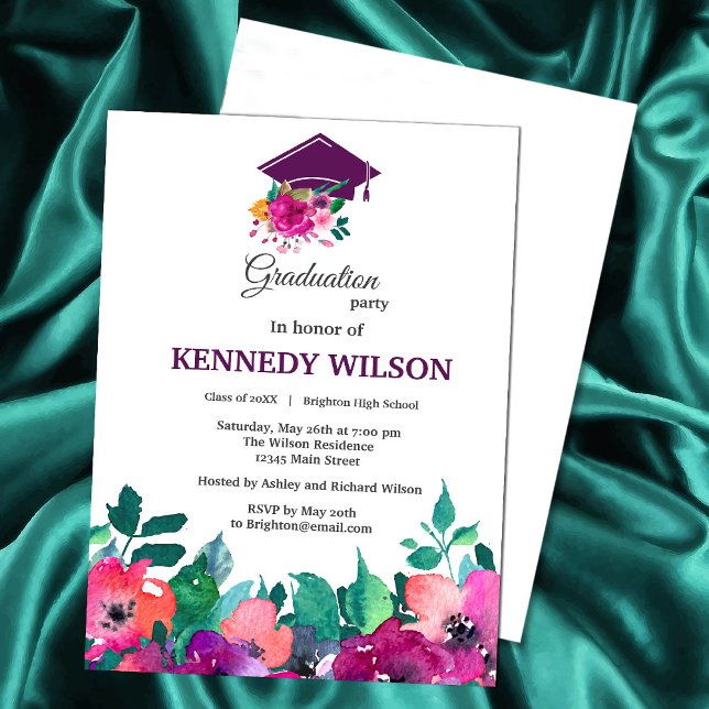 Invitación Graduación de Florales Coloridas Brillantes y Negr (Celebrate your graduate’s big day with this elegant floral watercolor invitation. #Zazzlegraduation)