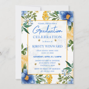 Invitación Graduación de flores azules y amarillas acuarela