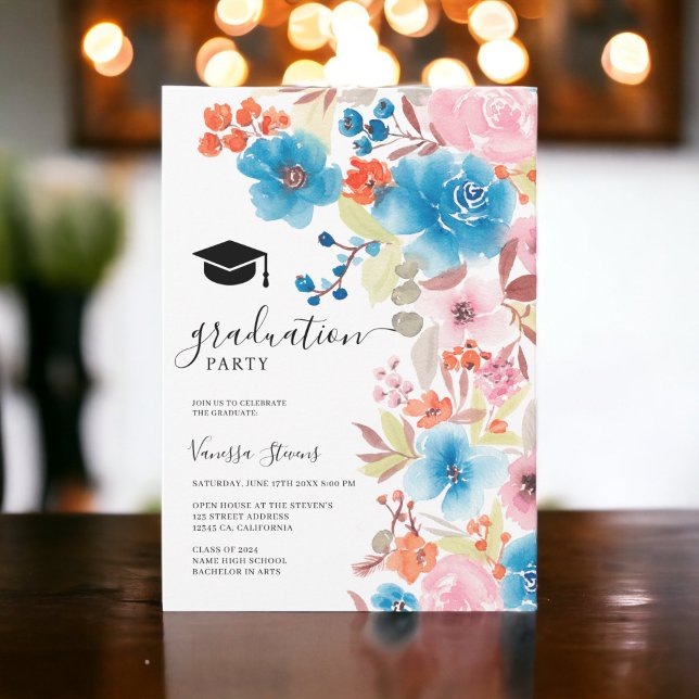 Invitación Graduación de flores de acuarela azul en negrita (Bold blue watercolor flowers graduation invitation)