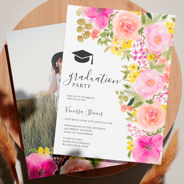 Invitación Graduación de flores de acuarela bohemia en el jar (Garden bohemian watercolor flowers graduation invitation)
