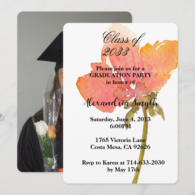 Invitación Graduación de flores de amapola tu foto (Anverso / Reverso)