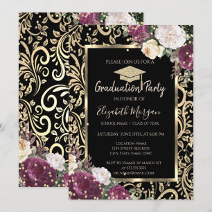 Invitación Graduación de flores de borgoña de oro Swirls Diam