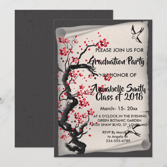 Invitación Graduación de     flores de cerezo antiguas (Anverso / Reverso)