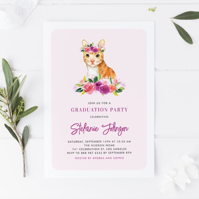 Invitación Graduación de flores púrpuras del gato Naranja de  (Subido por el creador)