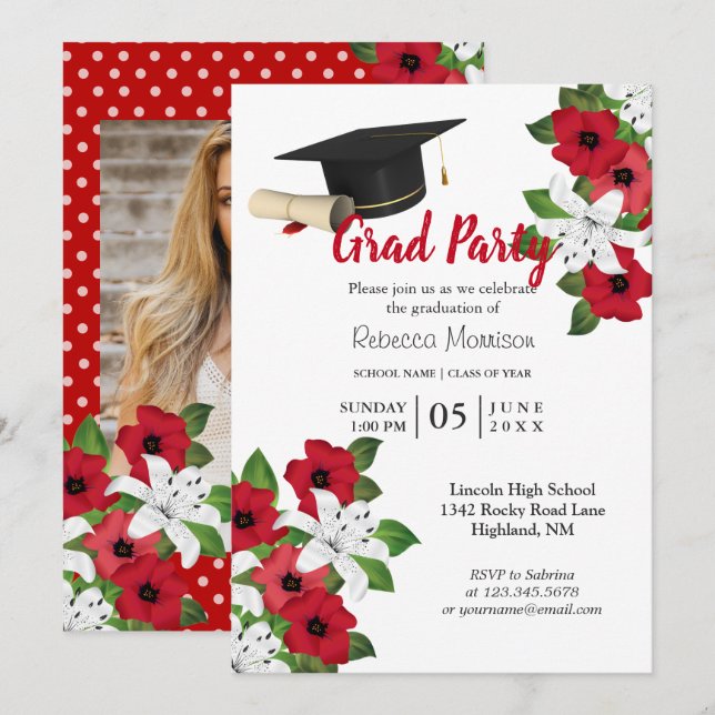 Invitación Graduación de flores rojas y blancas 🎓 (Anverso / Reverso)