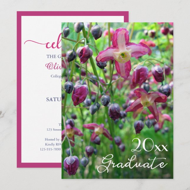 Invitación Graduación de flores y brotes de bonito (Anverso / Reverso)