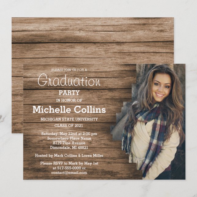 Invitación Graduación De Fondo De Madera Elegante (Anverso / Reverso)