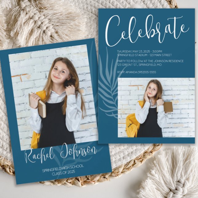 Invitación Graduación de foto azul (Blue and gold graduation announcement)