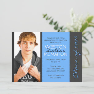Invitación Graduación de foto azul bebé y gris a rayas