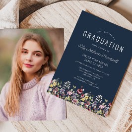Invitación Graduación de foto azul de la Marina Boho Wildflow