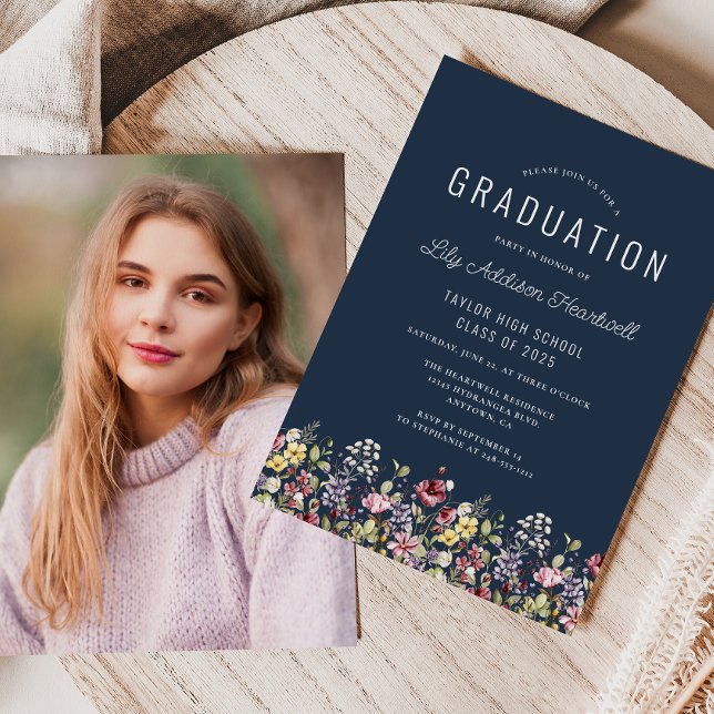 Invitación Graduación de foto azul de la Marina Boho Wildflow (Subido por el creador)