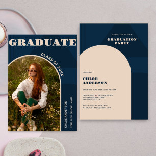 Invitación Graduación de foto azul de la Marina Retro Arch