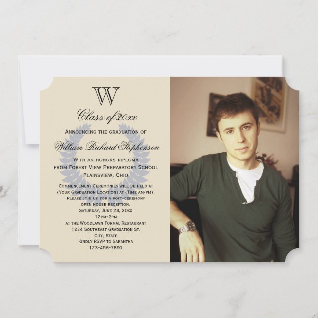 Invitación Graduación de foto azul monograma (Anverso)