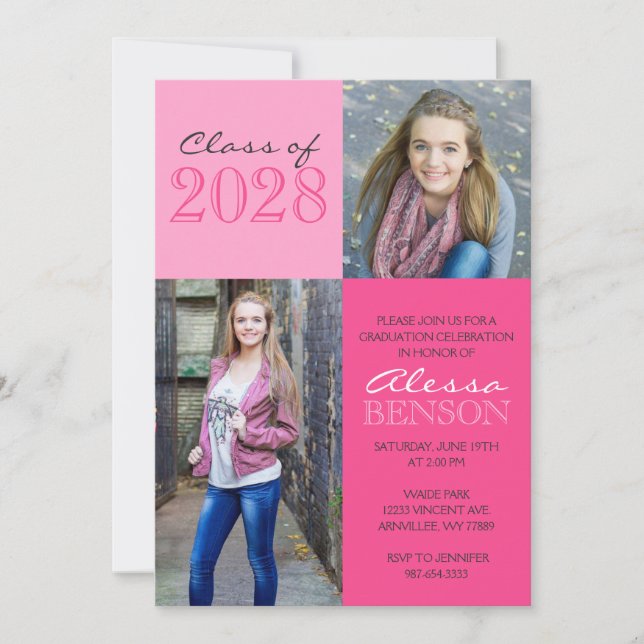 Invitación Graduación De Foto Clásica De 2 Tonos Rosa (Anverso)