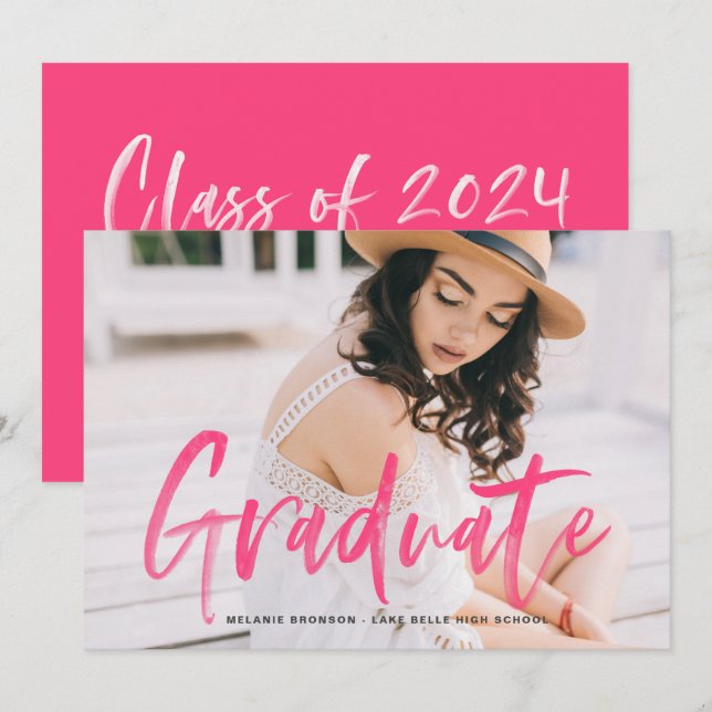 Invitación Graduación de foto de acuarela rosa caliente (Anverso / Reverso)