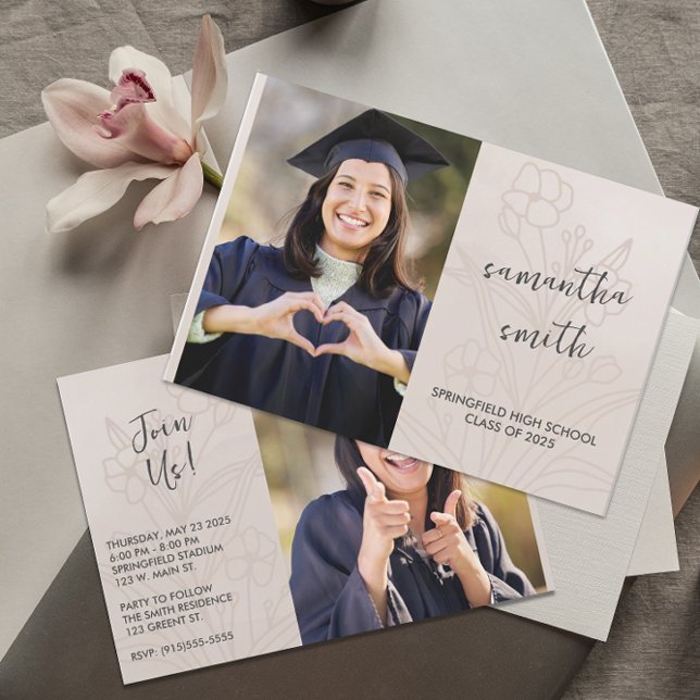 Invitación Graduación De Foto De Beige Floral (Subido por el creador)