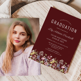 Invitación Graduación de foto de Boho Wildflowers Burgundy