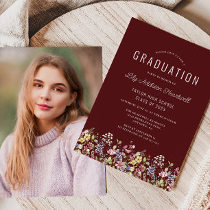 Invitación Graduación de foto de Boho Wildflowers Burgundy