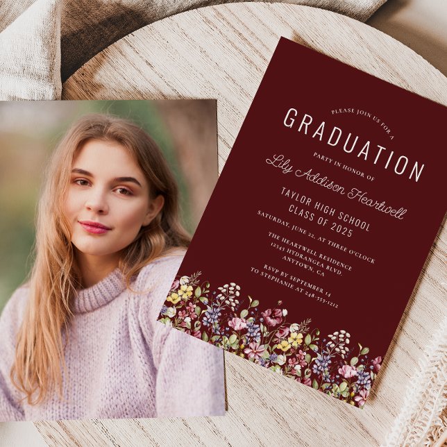 Invitación Graduación de foto de Boho Wildflowers Burgundy (Subido por el creador)
