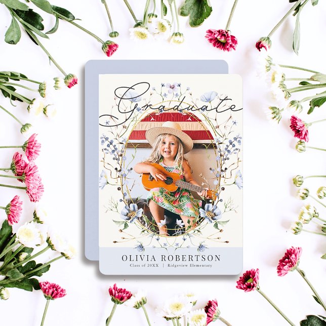Invitación Graduación de foto de Chica Floral Azul Floral Flo (Subido por el creador)