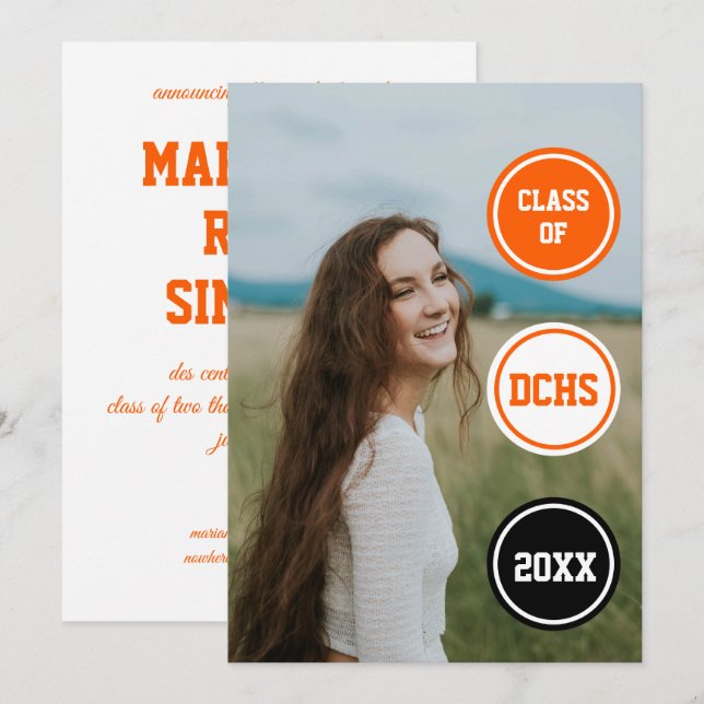 Invitación Graduación de foto de círculos naranjas (Anverso / Reverso)