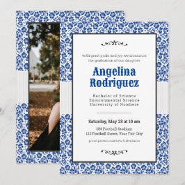 Invitación Graduación de foto de Damasco con Floral Azul