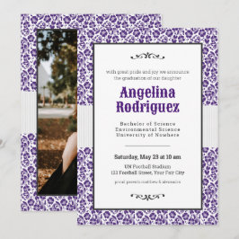 Invitación Graduación de foto de Damasco de Floral Púrpura de