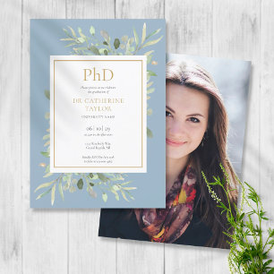 Invitación Graduación de foto de Degree Dusty Blue Greenery d